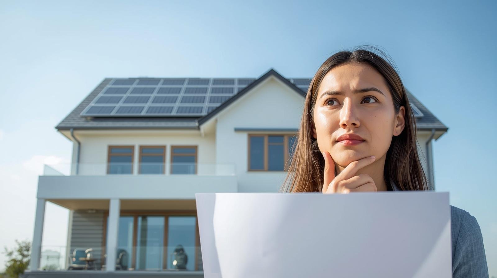 A woman stands before a house with solar panels, reviewing a document, symbolizing the importance of thoroughness for homeowners. 