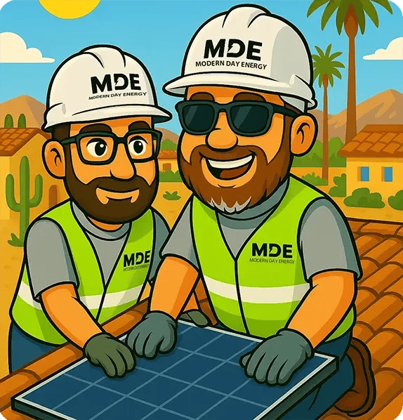 Two cartoon men in safety vests and hard hats labeled “MDE” install a solar panel on a roof, with a sunny desert landscape and palm trees in the background.