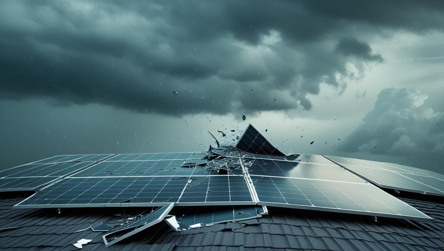 A damaged solar panel array on a roof with broken glass and panels, set against a dark, cloudy sky—echoing the fate of many solar out of business companies.