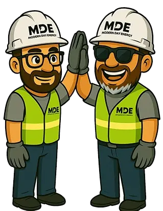 Two cartoon construction workers in hard hats and safety vests are high-fiving, symbolizing teamwork and camaraderie in energy services.