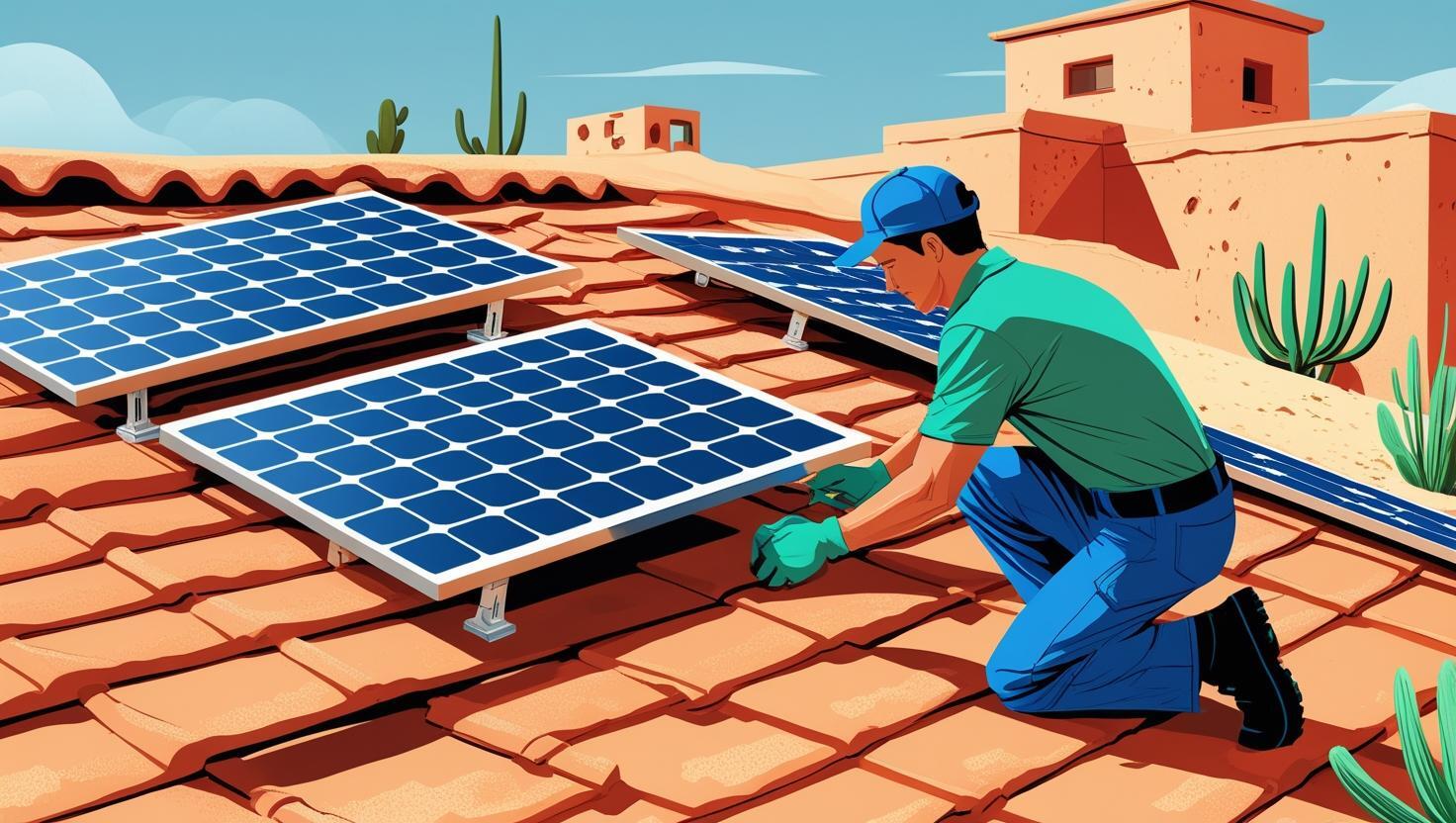 A stylized infographic, in a clean and modern style with sharp lines, depicting a maintenance worker carefully inspecting and maintaining solar panels on a sun-baked terracotta roof of a desert home. The solar panels are the focal point, sharply detailed and presented against the textured terracotta roof.  The color palette is vibrant yet calming, prominently featuring shades of #0097f4 (a bright, calming blue) and #6fc503 (a lively, spring green), creating a visually appealing contrast. The overall aesthetic is informative and visually appealing, suitable for a blog post about licensing, bonding, and insuring solar repair technicians. The infographic is entirely free of text, focusing on visual storytelling. The worker is depicted from a slightly low angle, emphasizing the scale of the solar panels and the home.  The scene is bathed in bright, slightly diffused sunlight.